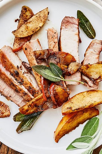 ACV Marinated Pork Chops with apple sauce and sage