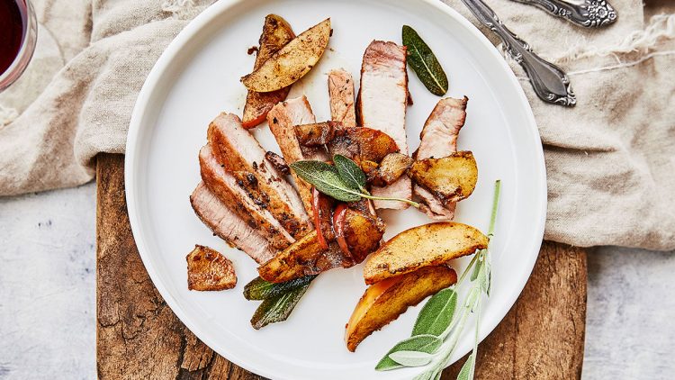ACV Marinated Pork Chops with apple sauce and sage
