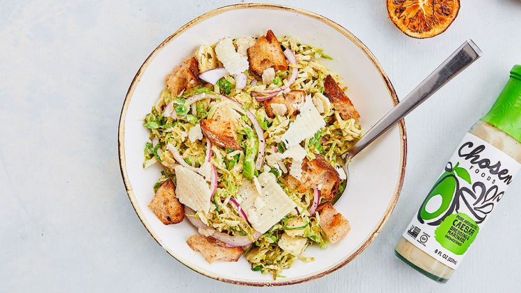 Caesar Marinated Brussel Sprouts Salad with Homemade Breadcrumbs