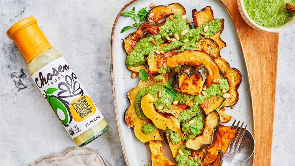 Lemon Garlic Acorn Squash with Cilantro Pesto
