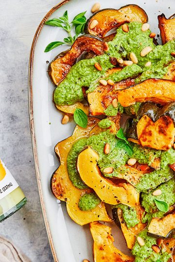 Lemon Garlic Acorn Squash with Cilantro Pesto