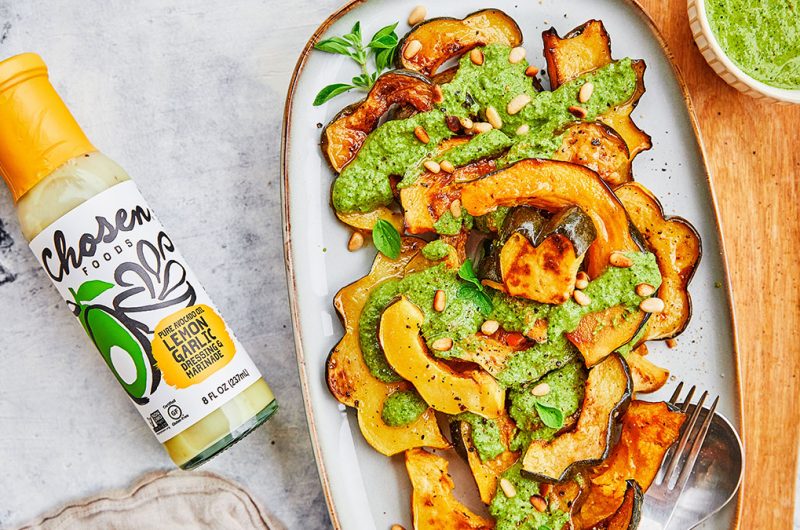 Lemon Garlic Acorn Squash with Cilantro Pesto