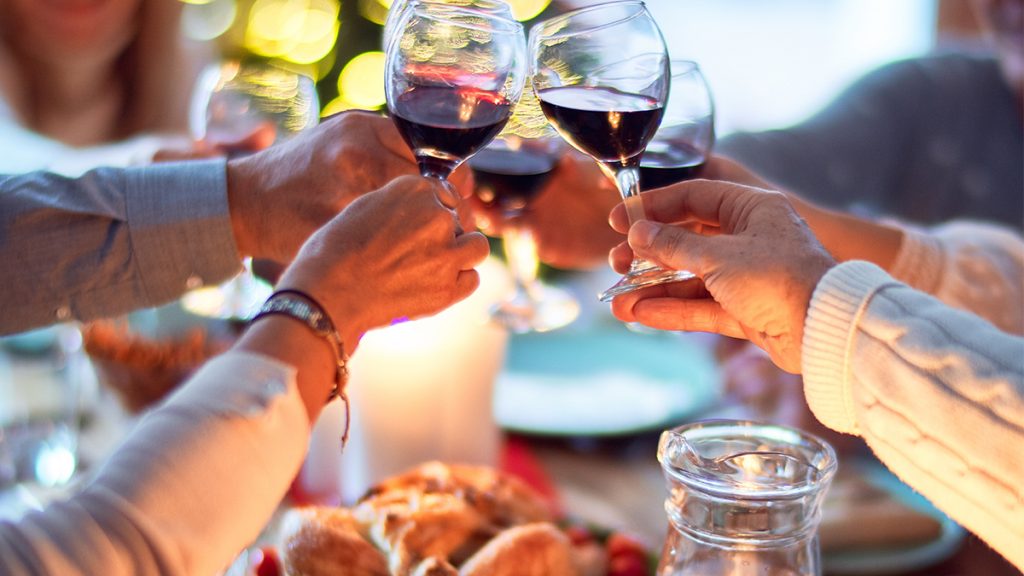Wine glasses over a thanksgiving meal